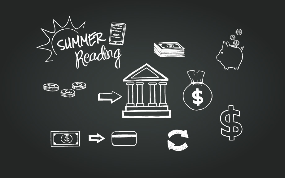 Icons of a central bank, money, and a piggybank on a blackboard background with the words 'Summer Reading'